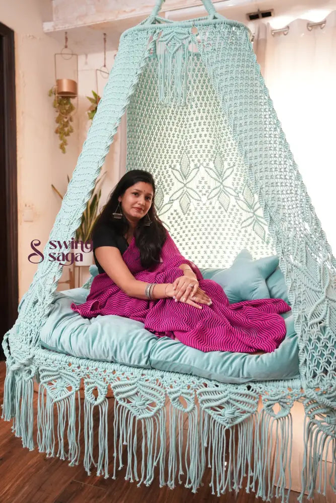 Aqua blue macrame sofa swing - Swing Saga