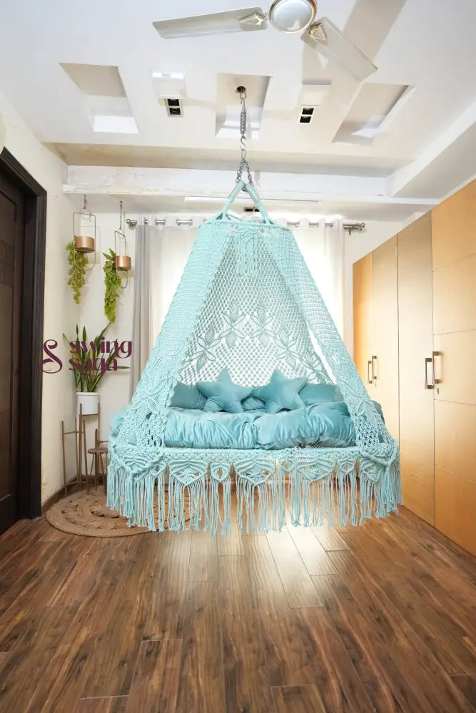 Aqua blue macrame sofa swing - Swing Saga