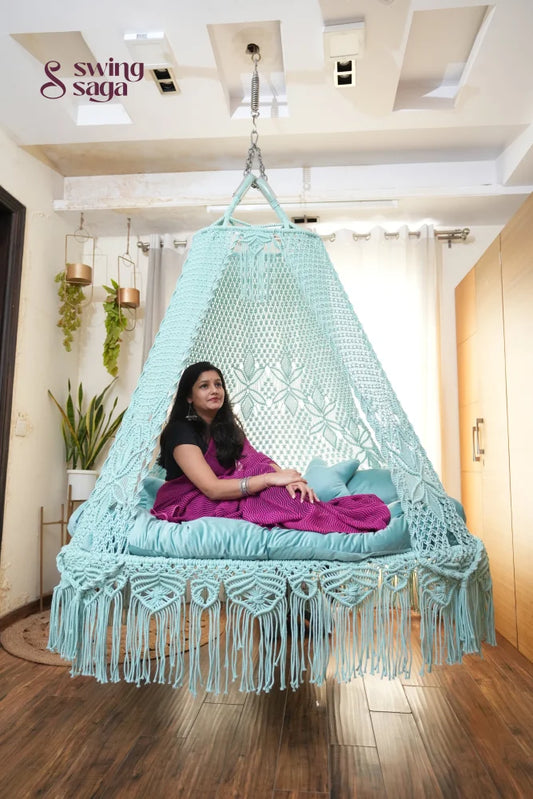 Aqua blue macrame sofa swing - Swing Saga