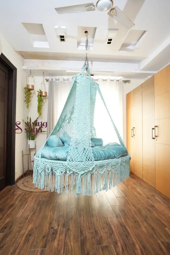 Aqua blue macrame sofa swing - Swing Saga