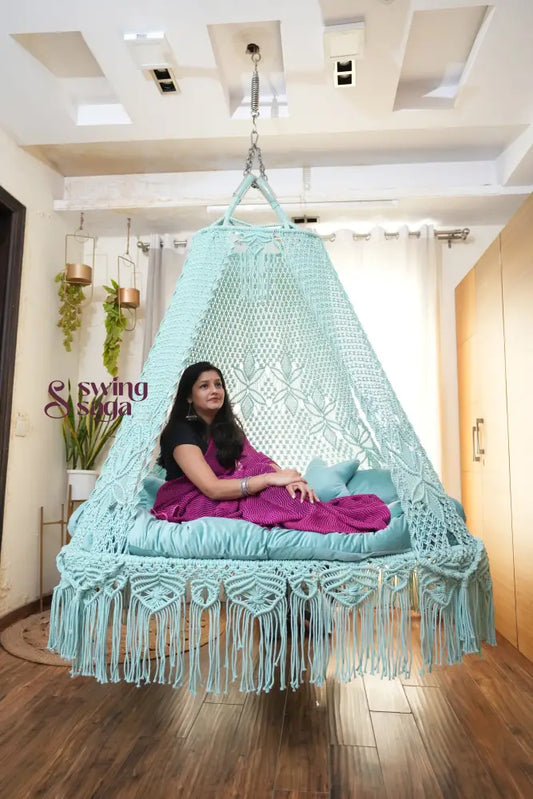 Aqua blue macrame sofa swing - Swing Saga