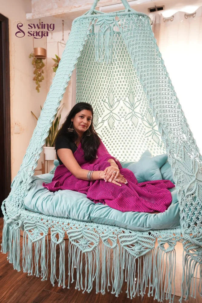 Aqua blue macrame sofa swing - Swing Saga