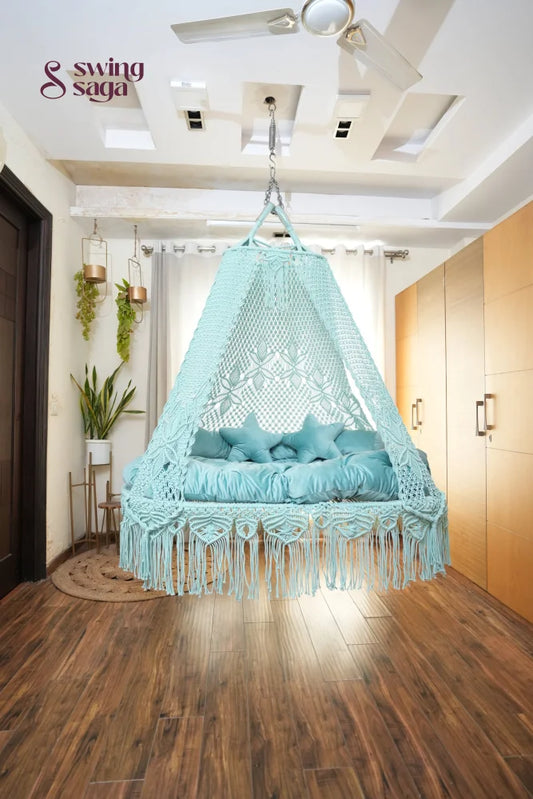 Aqua blue macrame sofa swing - Swing Saga