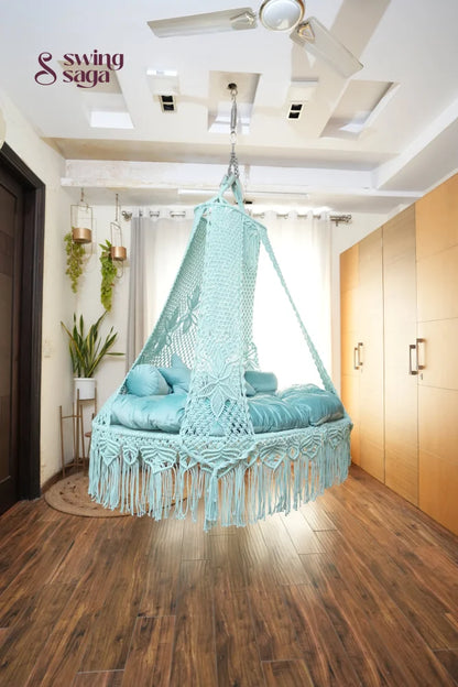 Aqua blue macrame sofa swing - Swing Saga