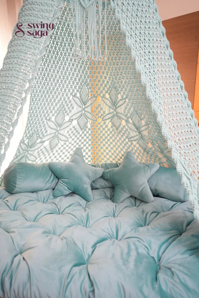 Aqua blue macrame sofa swing - Swing Saga