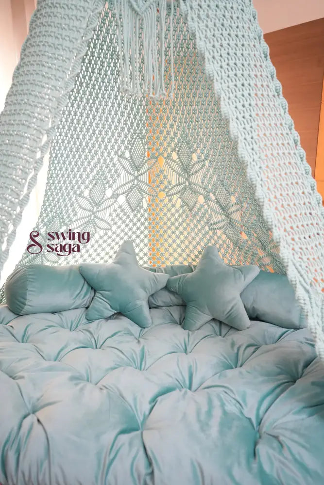 Aqua blue macrame sofa swing - Swing Saga