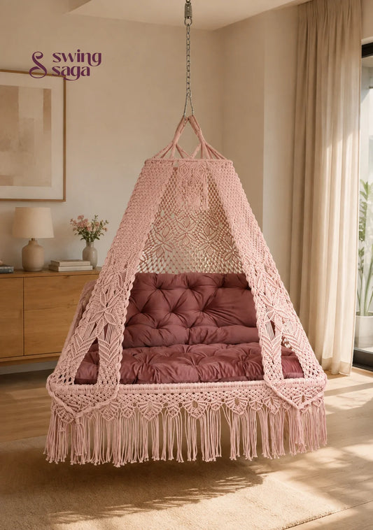 Macrame hanging Lush Lux Sofa with Back Rest by swing saga - 62 Inches / Lush Lux Pink / IN