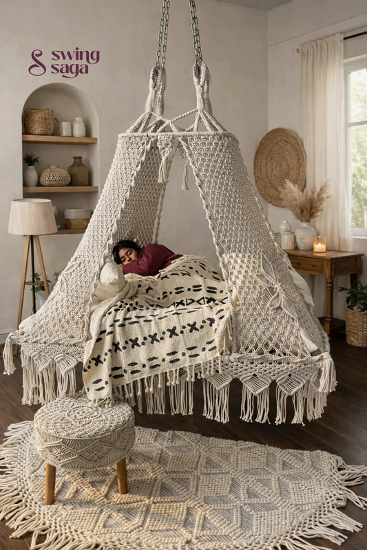 Macrame White Royal Bed Swing by Swing Saga - 60 Inches / White