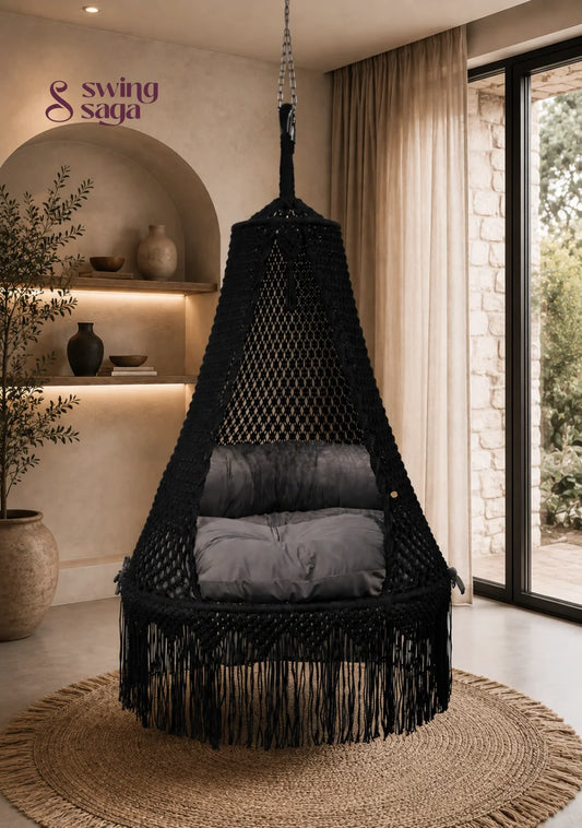 Macrame Zara Dual Seater Swing in Grey - Black / 50 Inches / IN