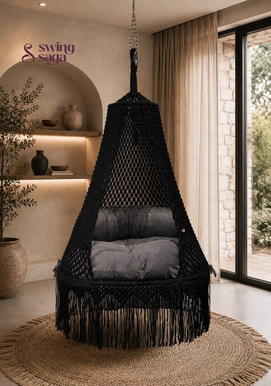 Macrame Zara Dual Seater Swing in Grey - Black / 50 Inches / IN