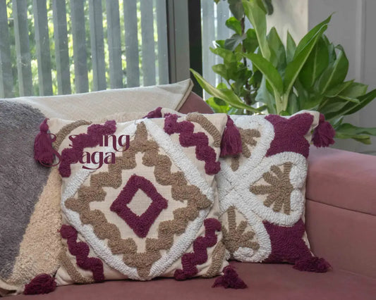 Maroon & Beige Tufted Cushion Cover with Tassels – Set of 2 16x16 inches