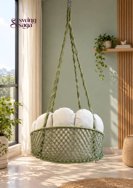 Meadow, Single Seater Olive Green Macramé Swing - Olive Green / 35*40 Inches | 72 inches in height