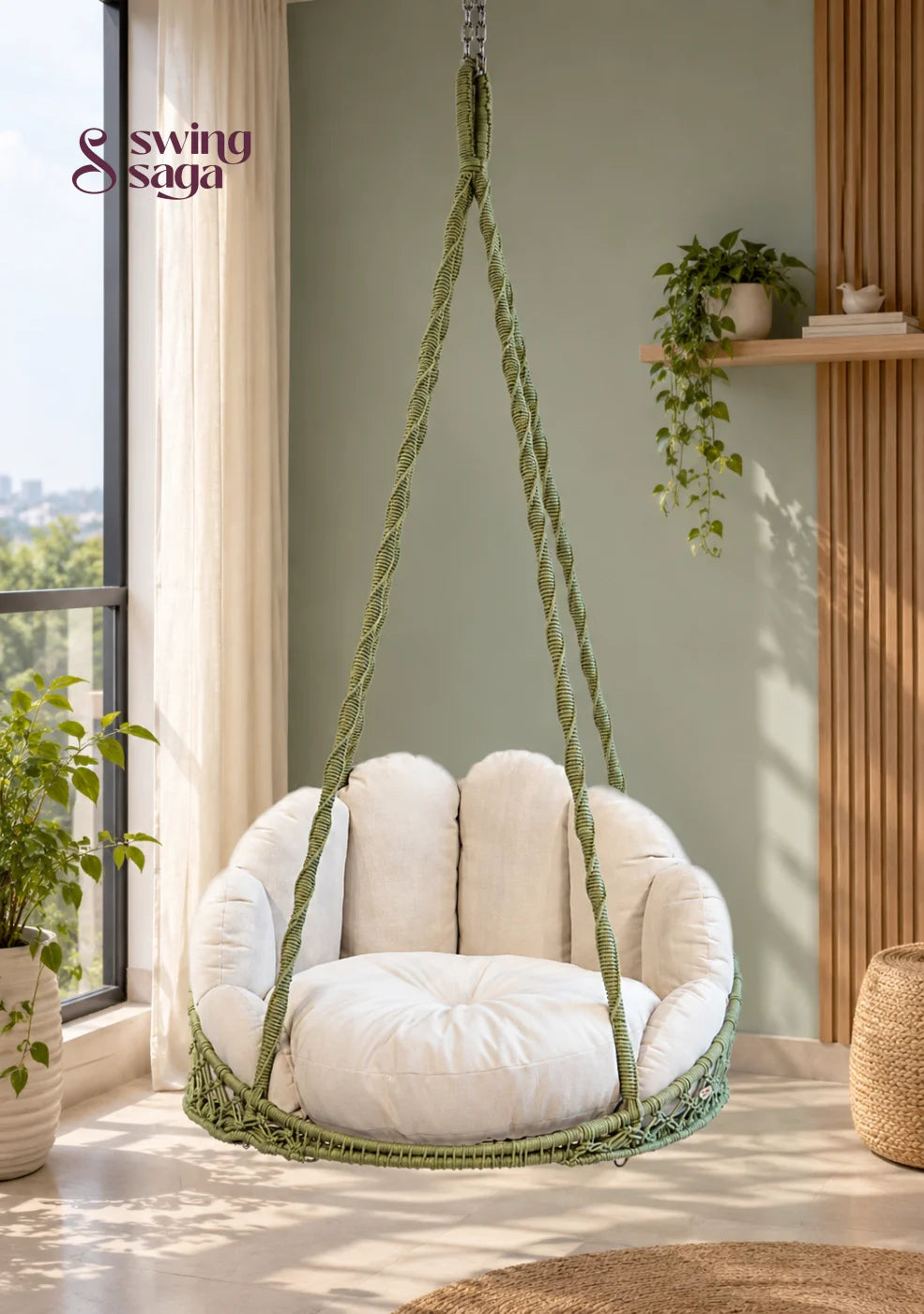 Meadow, Single Seater Olive Green Macramé Swing - Olive Green / 35*40 Inches | 72 inches in height