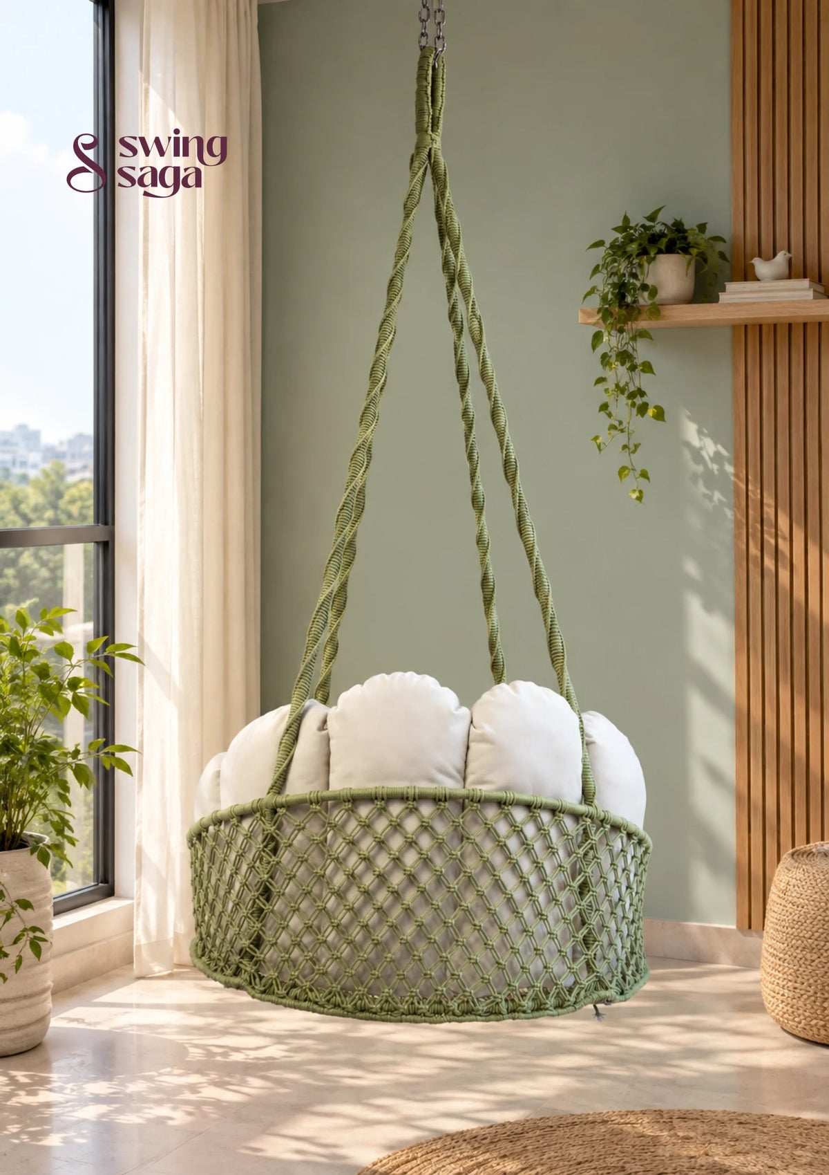 Meadow, Single Seater Olive Green Macramé Swing - Olive Green / 35*40 Inches | 72 inches in height