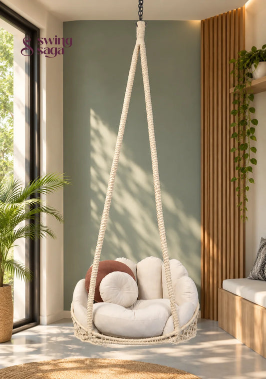 Noor, Single Seater Macramé Swing - 30*32 Inches | Height: 72 inches / White