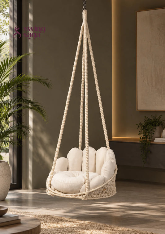 Noor, Single Seater Macramé Swing - 30*32 Inches | Height: 72 inches / White