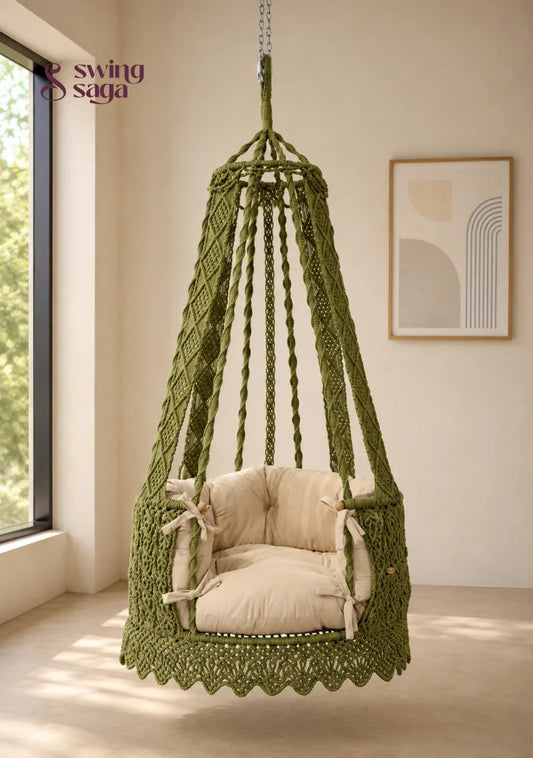 Olive colored Elowen Chair Swing for balcony space - Olive Grove / 35 Inches