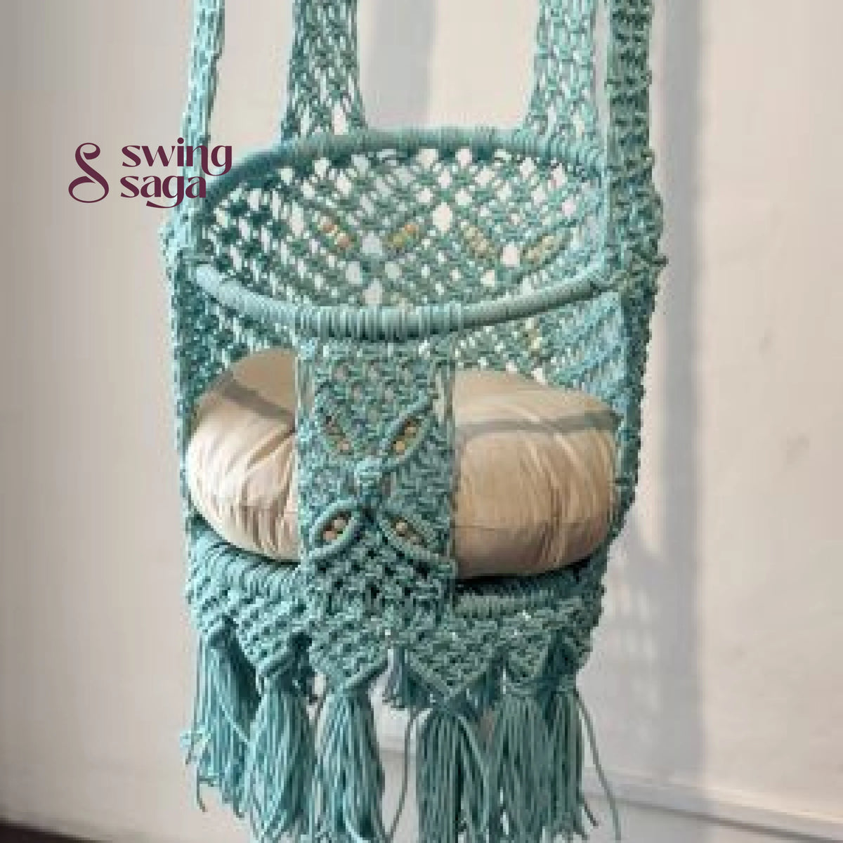 hnadcrafted hanging blue baby swing  detailed image.