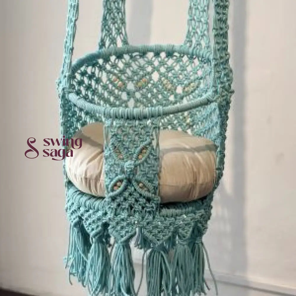 hnadcrafted hanging blue baby swing  detailed image.