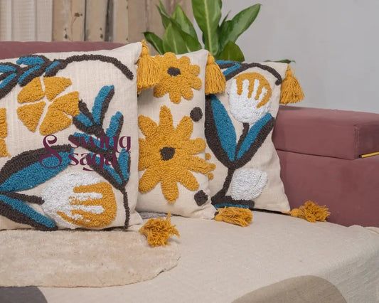 Premium embossed Cushion with Tufted Floral Yellow & Blue Design - Set of 3 16x16 inches