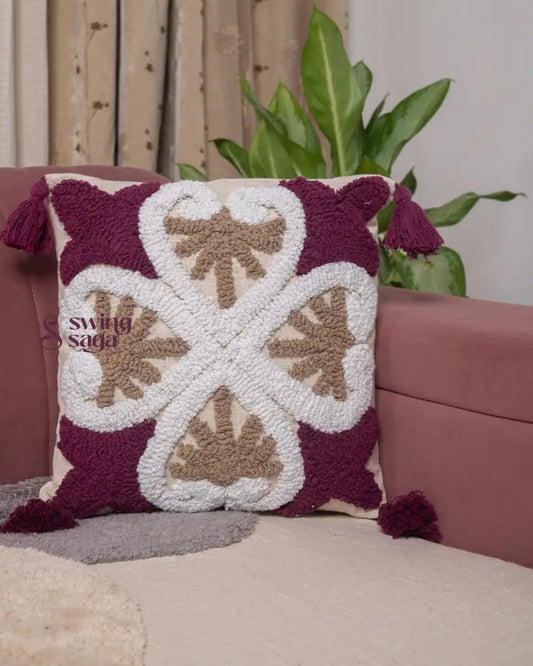 Burgundy and white square cushion with embossed texture, decorative throw pillow for sofa and living room décor