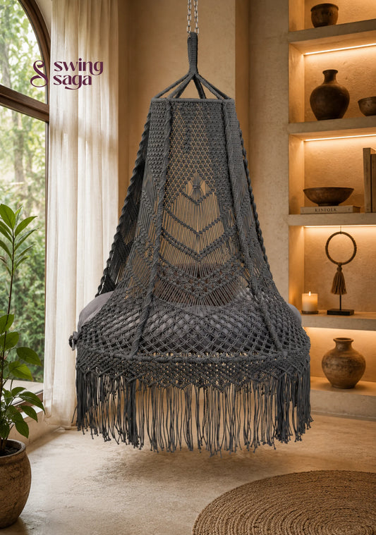 Shadow - Handcrafted Cotton Macramé Bed Swing - 50 inches round | Height: 72 inches / Dark Grey