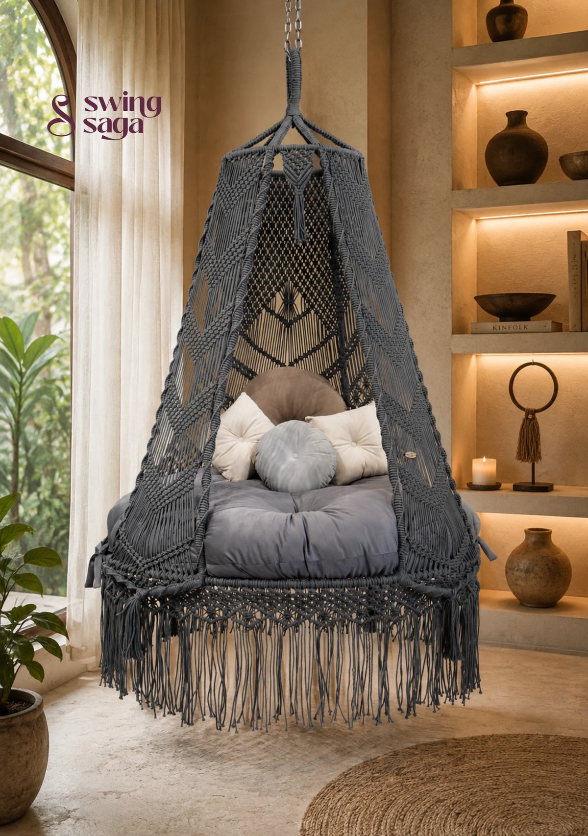 Shadow - Handcrafted Cotton Macramé Bed Swing - 50 inches round | Height: 72 inches / Dark Grey