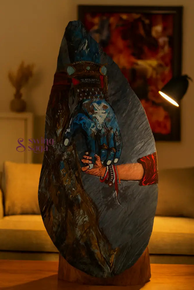 Decorative wooden sculpture with abstract design in a room setting