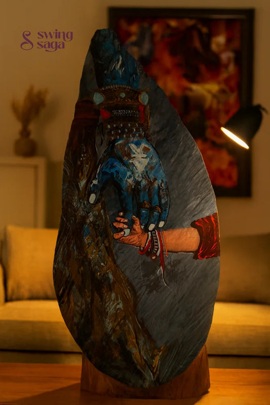 Decorative wooden sculpture with abstract design in a room setting