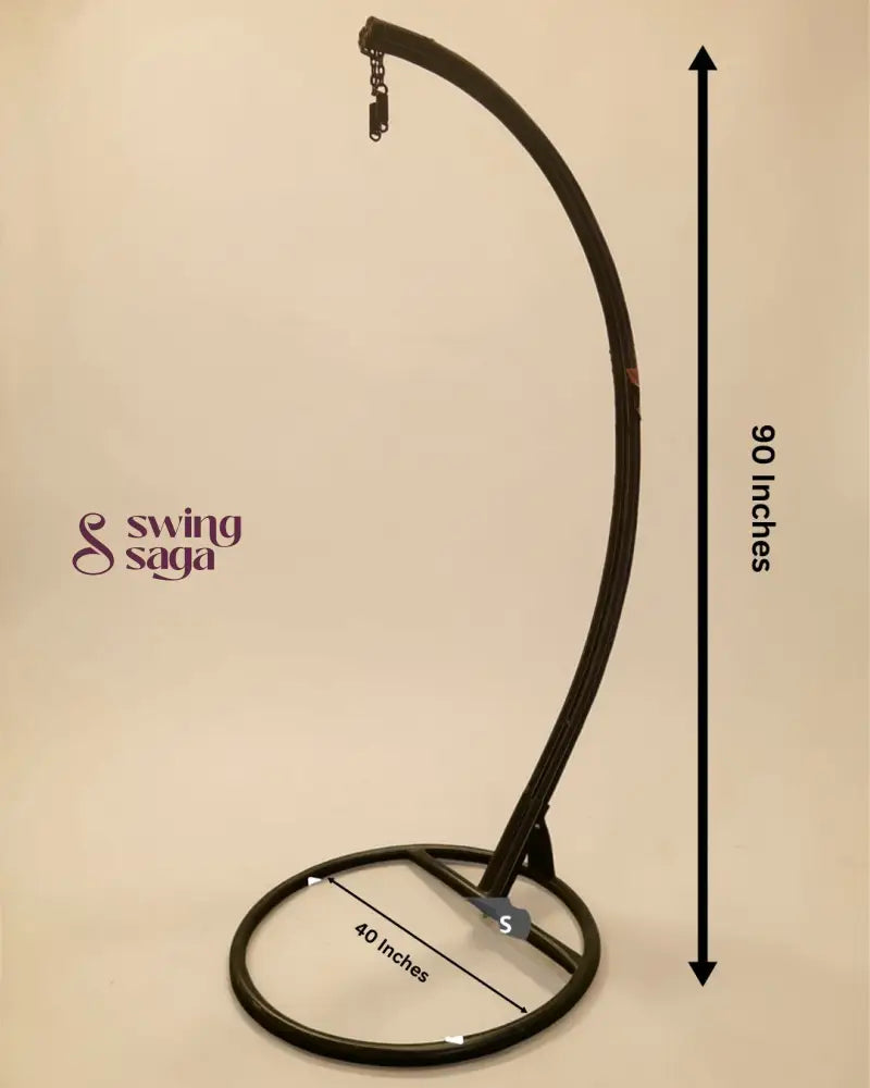 Black metal stand with curved arm and measurements on a beige background