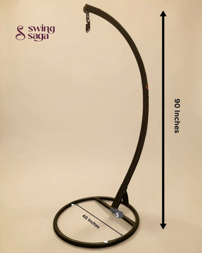 Black metal stand with curved arm and measurements on a beige background
