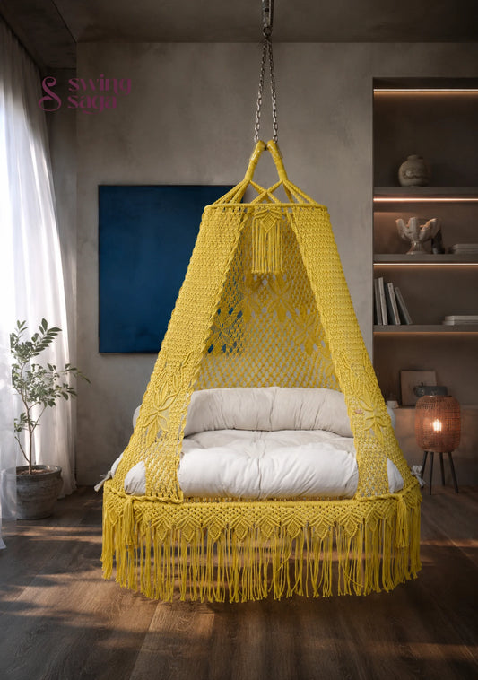 Sunday, Dual Seater Handcrafted Cotton Hanging Sofa Swing - Yellow / 60 *36 Inches | 72 inches in height