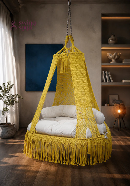 Sunday, Dual Seater Handcrafted Cotton Hanging Sofa Swing - Yellow / 60 *36 Inches | 72 inches in height