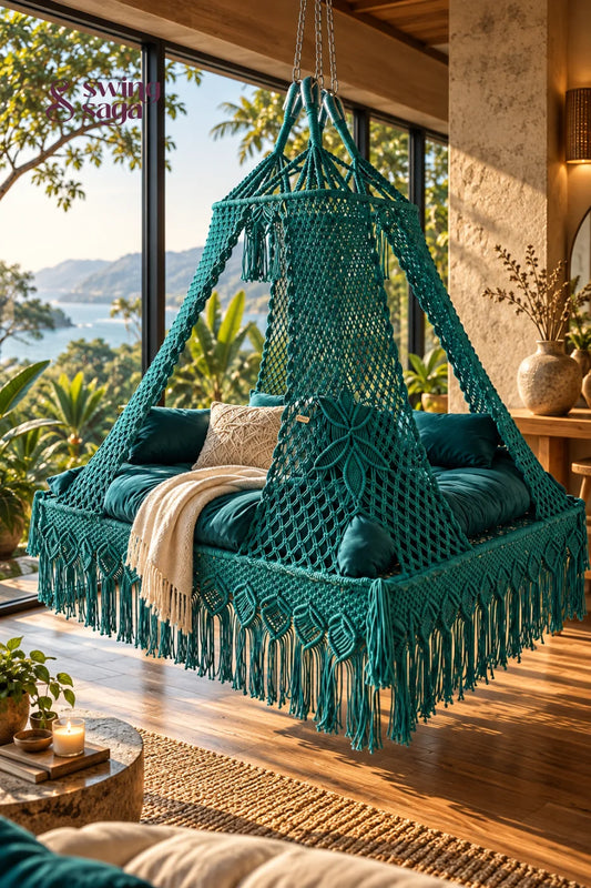 Teal Blue Hanging Bed Swing – lagoon frame Square Design by Swing Saga - 60 Inches / Teal blue