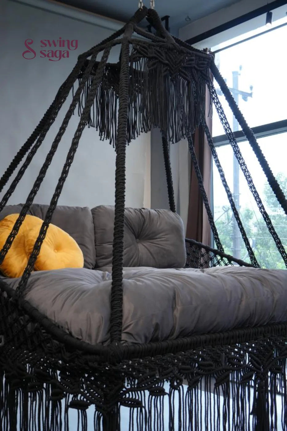 The Retreat, Handcrafted Macramé Patio Sofa Swing - 60 Inches / Black