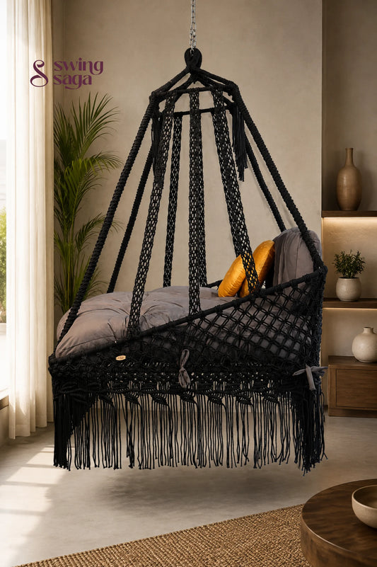 The Retreat, Handcrafted Macramé Patio Sofa Swing - 60 Inches / Black