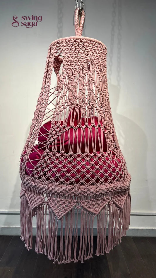 back detailed image for Toddler hanging swing in pink with hot pink mattress.