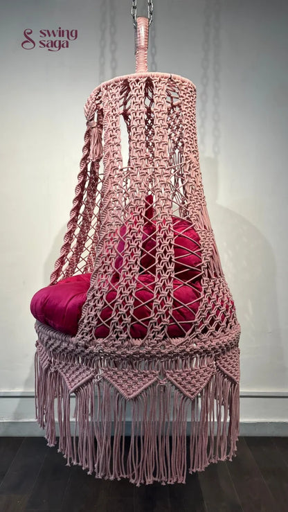 Handmade pink macrame hanging chair swing with tassels and cushion boho cotton rope indoor swing