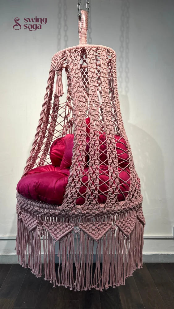 detail image of macrame knots on hanging macrame swing.