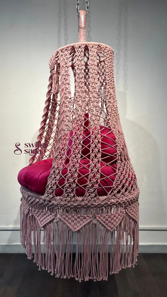 Handmade pink macrame hanging chair swing with tassels and cushion boho cotton rope indoor swing