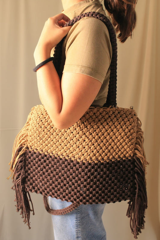 women carrying two tone macrame sling bag, handcrafted boho bag.