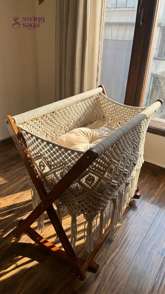 Boho macrame baby cradle swing with wooden stand – handcrafted cotton cradle for nursery décor