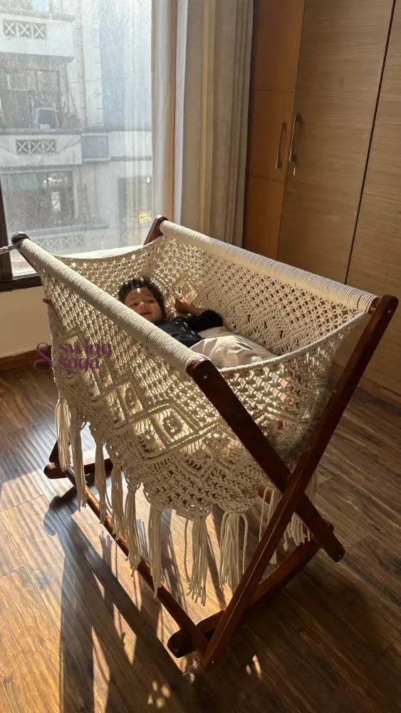Luxury handmade macrame cradle swing for baby with wooden stand – stylish nursery décor