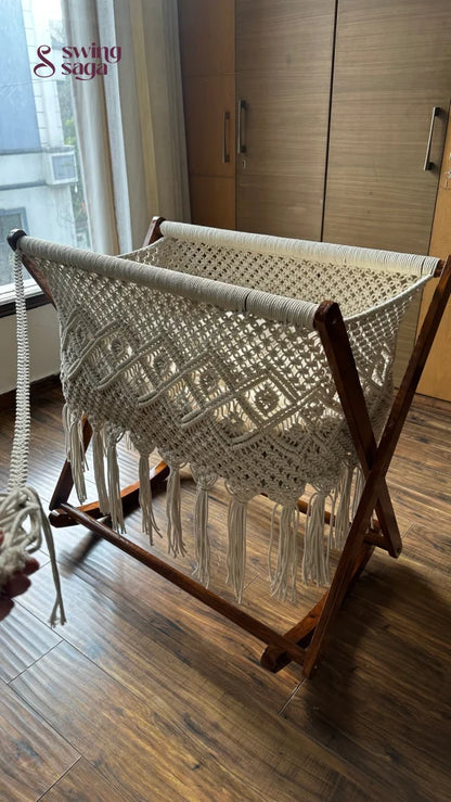 Handwoven macrame baby cradle with wooden stand – natural cotton boho nursery swing