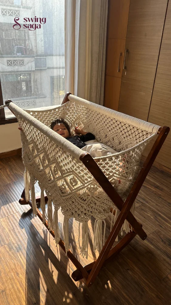 Luxury handmade macrame cradle swing for baby with wooden stand – stylish nursery décor
