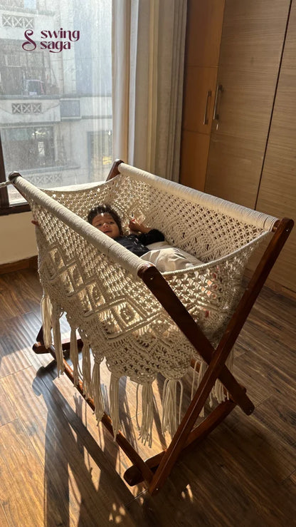 Luxury handmade macrame cradle swing for baby with wooden stand – stylish nursery décor
