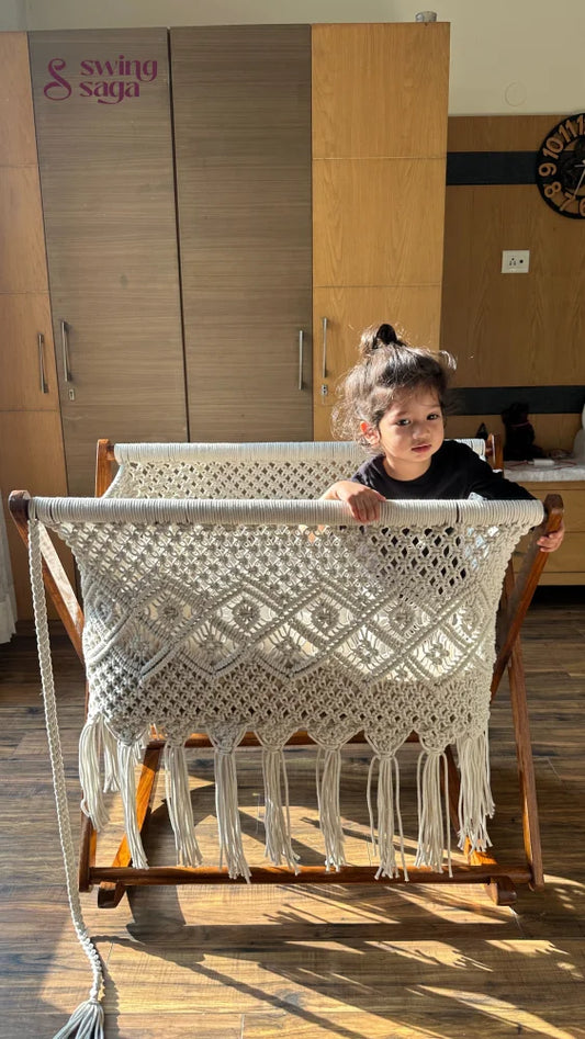 Boho macrame baby cradle swing with wooden stand – handcrafted cotton cradle for nursery décor