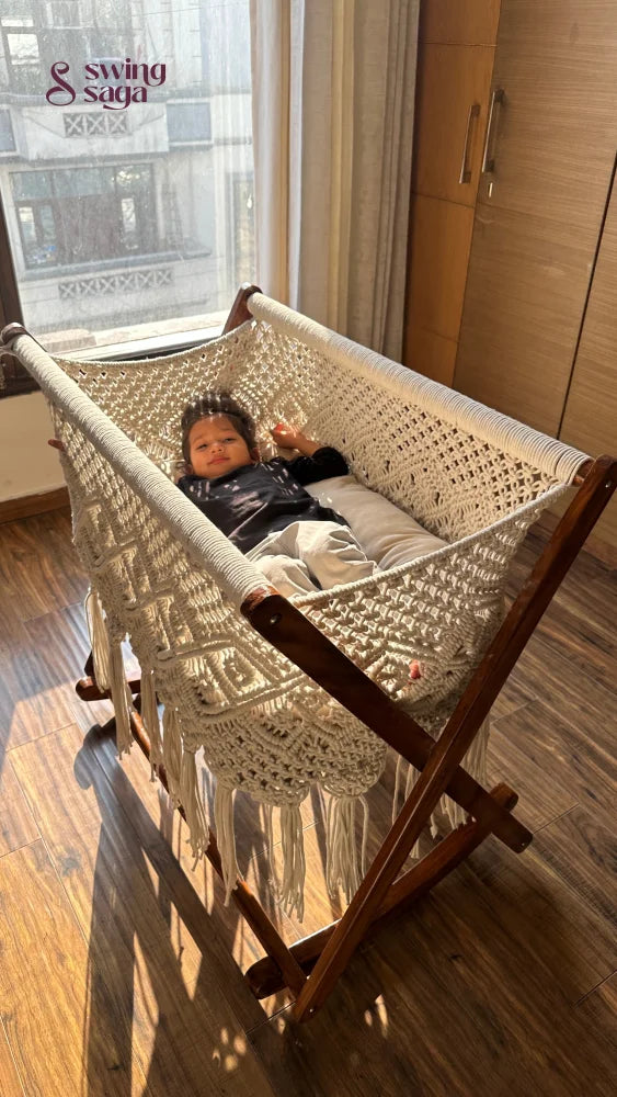 Luxury handmade macrame cradle swing for baby with wooden stand – stylish nursery décor