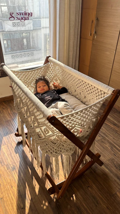 Luxury handmade macrame cradle swing for baby with wooden stand – stylish nursery décor