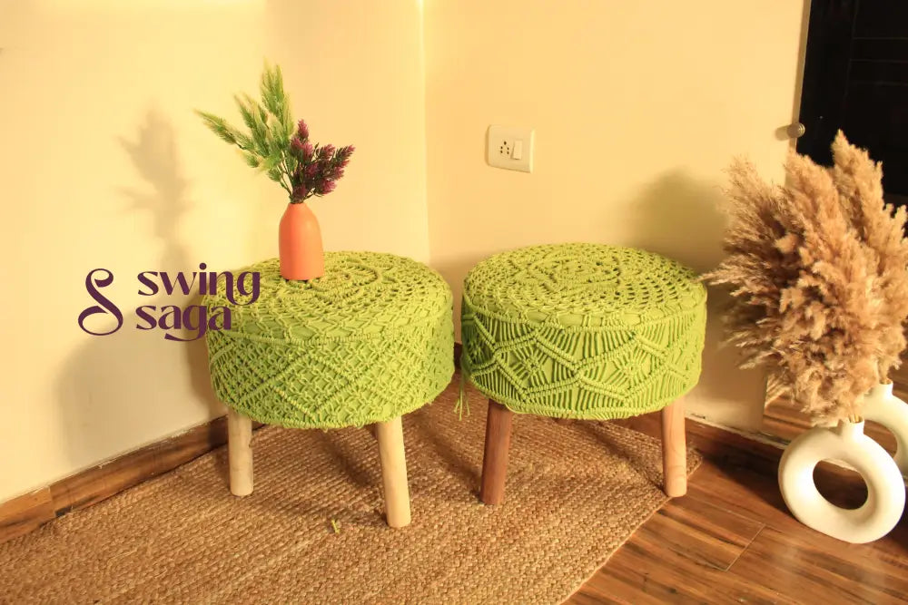 Zesty Green Macrame Ottoman - Set Of 2